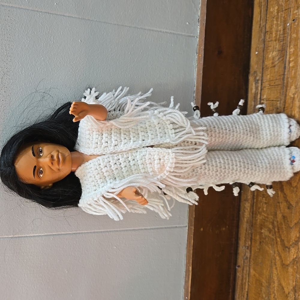 Vintage Native American Doll w/ Crocheted Clothes & Boots Beaded 1995 FibreCraft